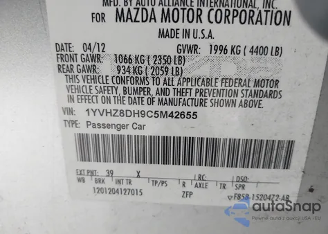 2012 Mazda Mazda6 из США, поврежденный, VIN 1YVHZ8DH9C5M42655